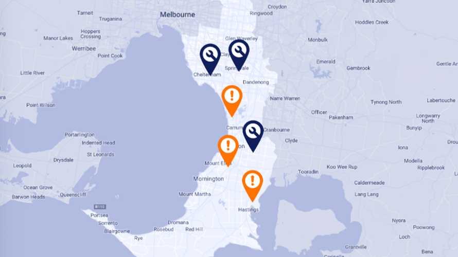 Example of live outage map showing icons for planned and unplanned outages